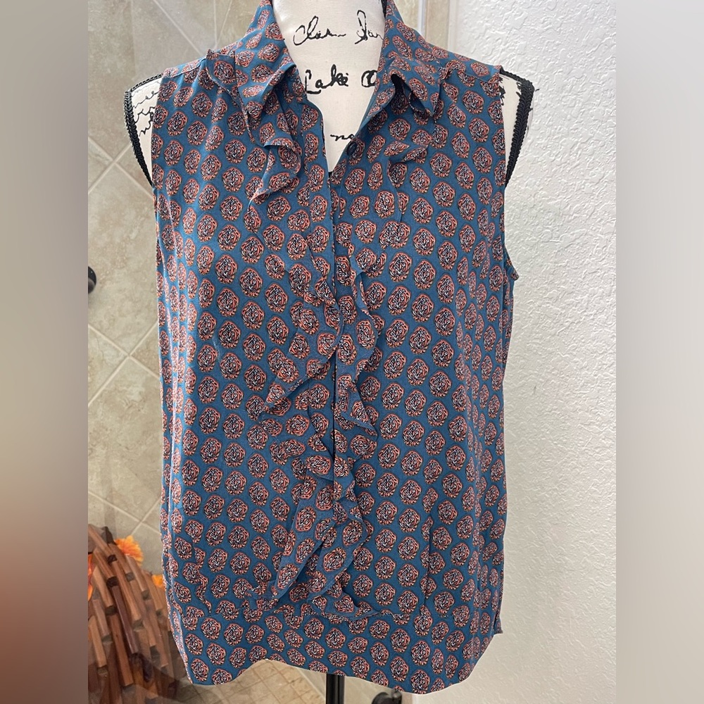 Cabi Dark Teal/Burnt Orange Sleeveless Top with Ruffles. Like New! Size Small.